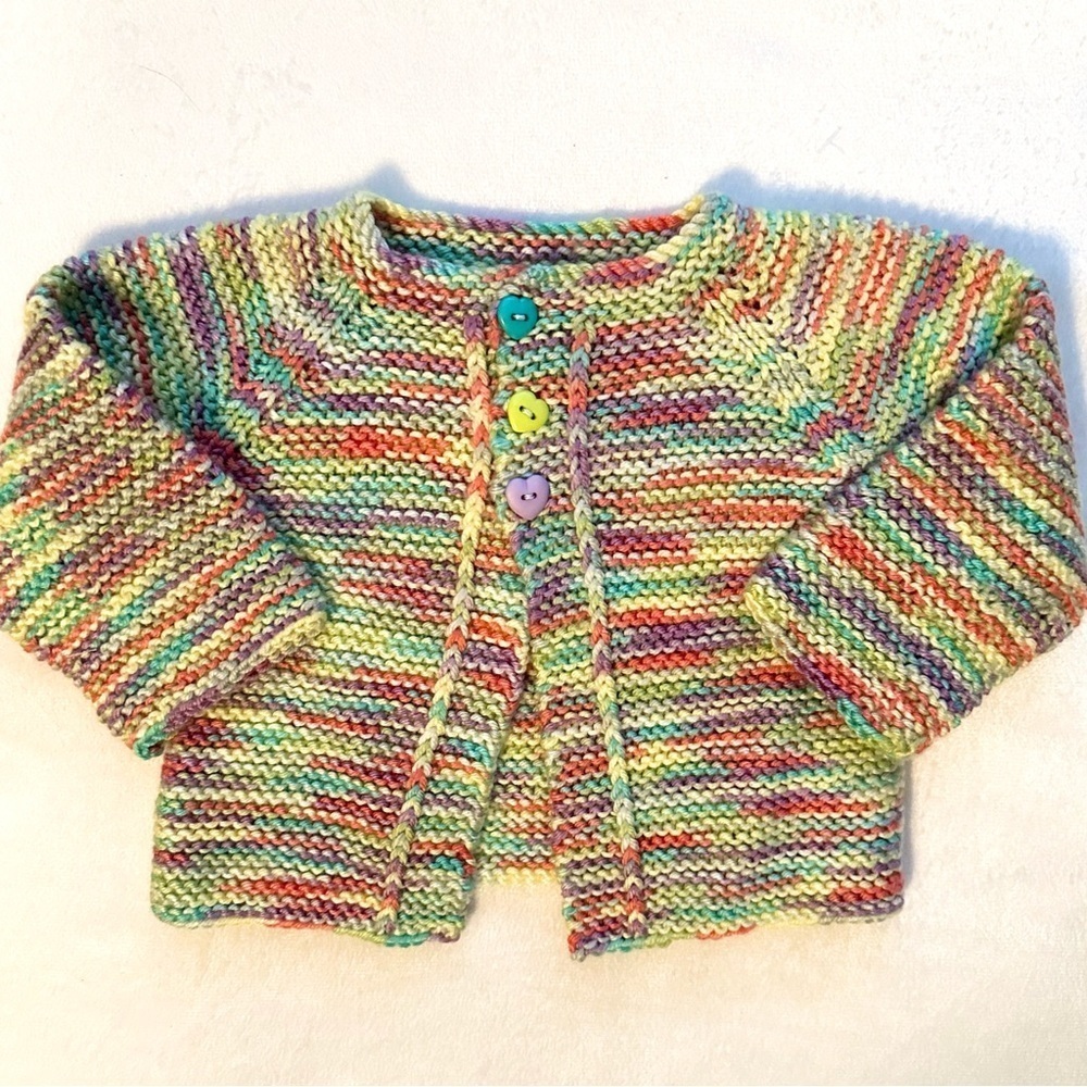 Vtg Hand Knit Crochet Baby Girl Cardigan Sweater 0-6M Colorful Heart Buttons
